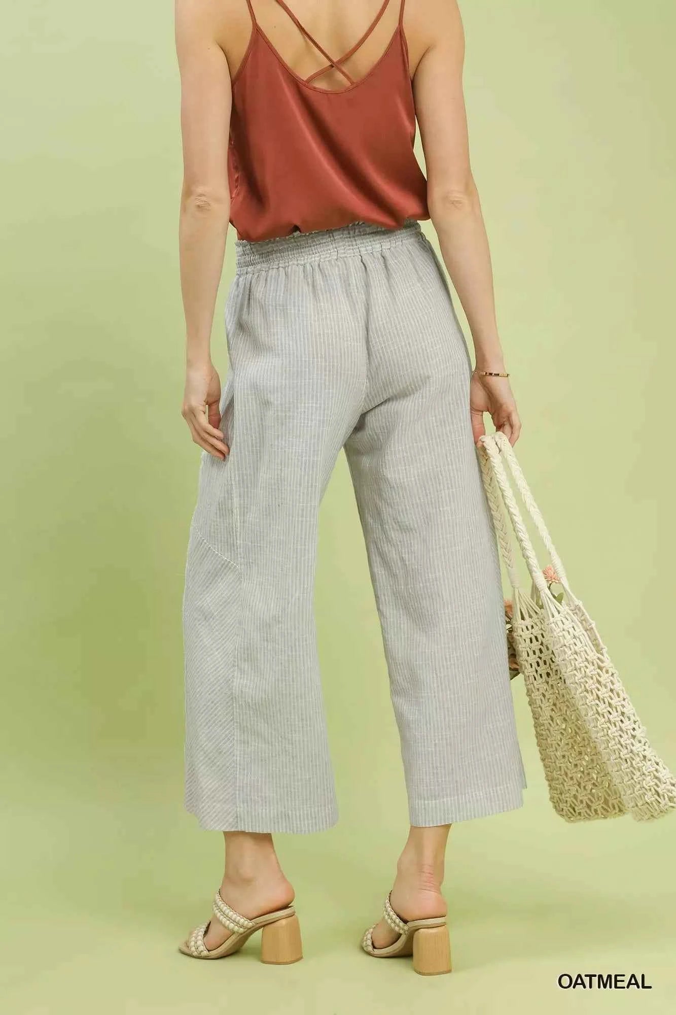 Umgee Wide Leg Pants Linen Blend Striped Oatmeal Drawstring Trousers 51cd59bf-ef34-46ae-8e04-e327c5fed562-Max-Origin Trendsi