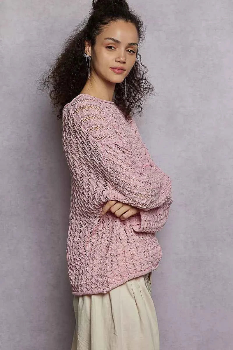POL Knit Top Openwork Soft Pink Sweater Round Neck with Shiny Detail 51d38c91-e4e6-4e60-9d98-0e400ae695ff-Max-Origin Trendsi