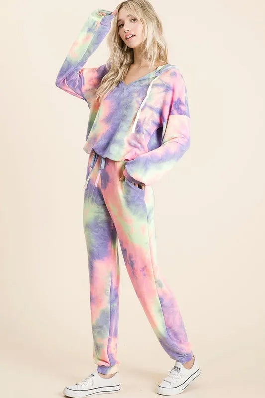 BiBi Activewear Set Tie Dye Hoodie Long Sleeve French Terry Top and Sweatpants BLUE TIE DYE