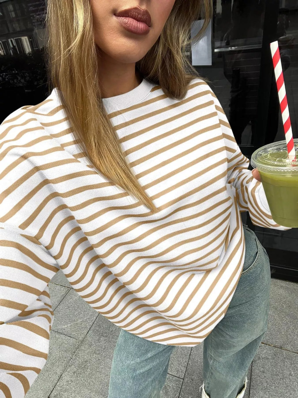 Women's Sweatshirt Striped Round Neck Oversized Casual Pullover 51e06a210a6a482991c144e59aee7988-Max-Origin Trendsi