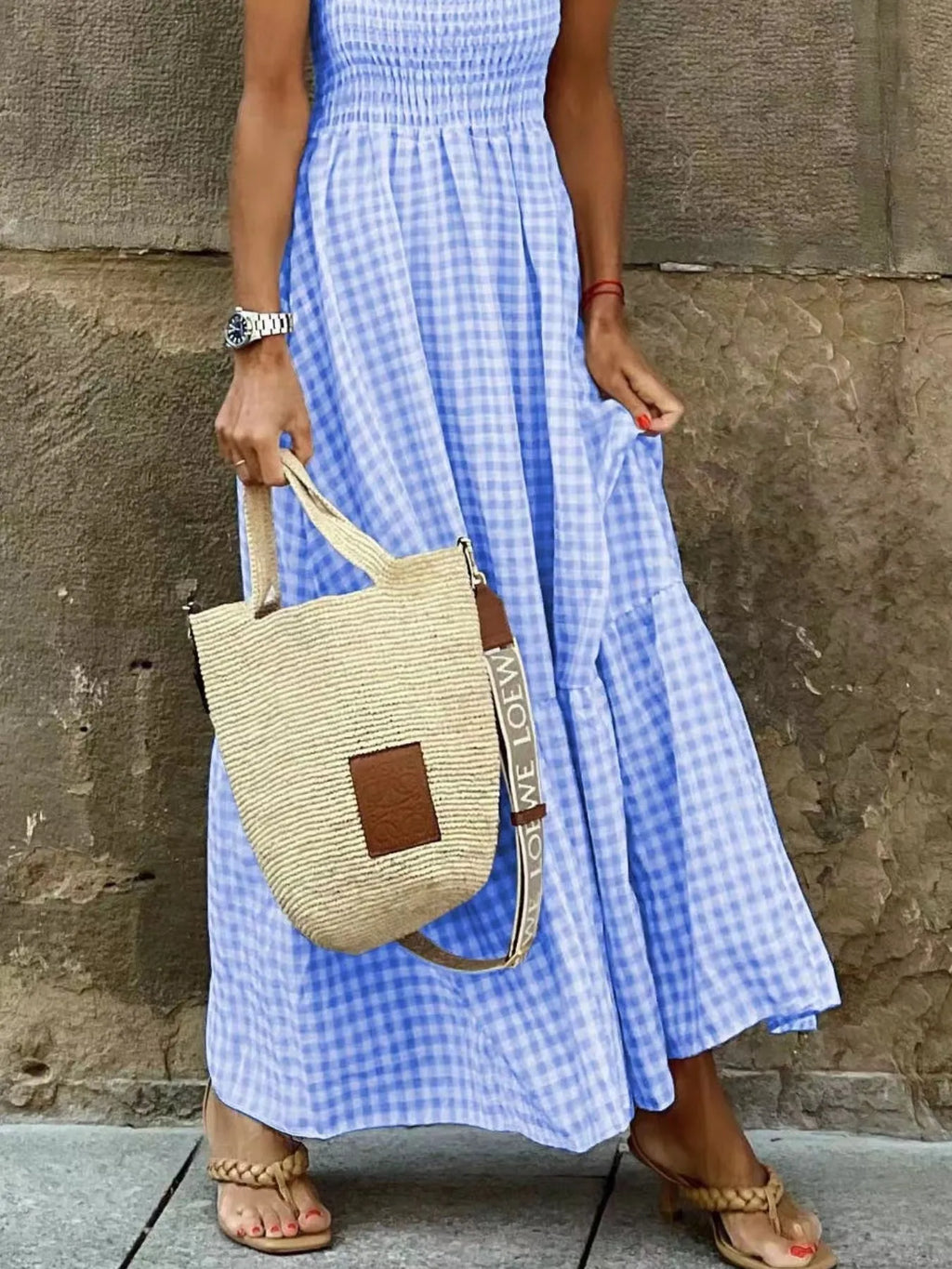 Maxi Dress Plaid Gingham Smocked High Waist with Ruffle Straps Square Neck 51e985203ccd4f84bb1c2126917bd295-Max-Origin Trendsi