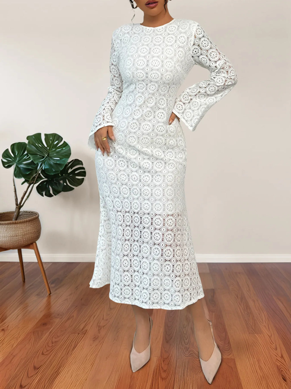 Midi Dress White Crochet Lave Floral Long Sleeve Zipper Lined 51f5533a6fa64b3fb2cf1d5460701b77-Max-Origin Trendsi