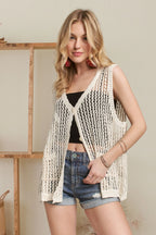 ADORA Crochet Vest Top Buttoned Beige Distressed Pocketed BEIGE 51fab6bcc9524f09b06413353d02577c-Max-Origin Trendsi