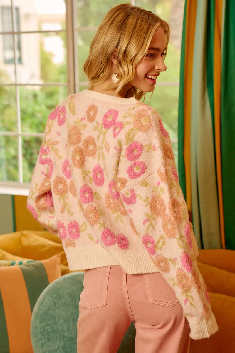 BiBi Womens Sweater Ivory Towel Texture Floral Pattern Knit Pullover 5201b358b02c4df187d72963b44c1a40-Max-Origin Trendsi