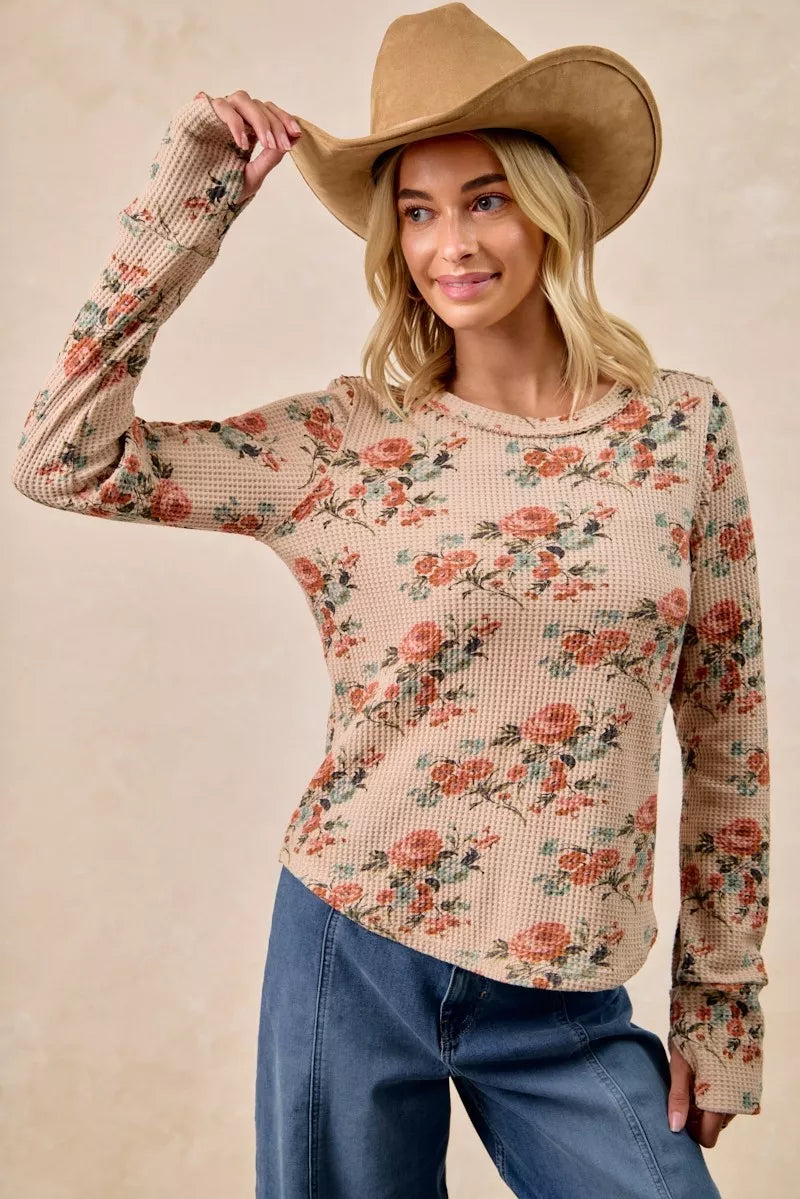 BiBi Womens Blouse Taupe Floral Print Washed Waffle Thermal Top with Thumbs 5205f8d176904d058ff26449966dfa4e-Max-Origin Trendsi