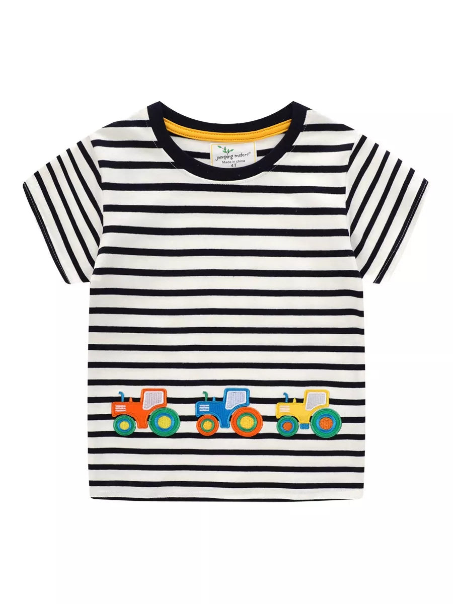 Children's Embroidered Striped Round Neck T-Shirt Black 52077026-ec61-41e9-8835-77ec86a55dbe-Max-Origin Trendsi