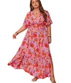 Plus Size Floral Maxi Dress with Slit, V-Neckline, and Half Sleeves