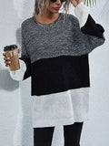 Women's Oversized Sweater Color Block Stripe Knit Round Neck Long Sleeve Gray Black 521312d5cc4341a9859aeaf14a237e21-Max-Origin Trendsi