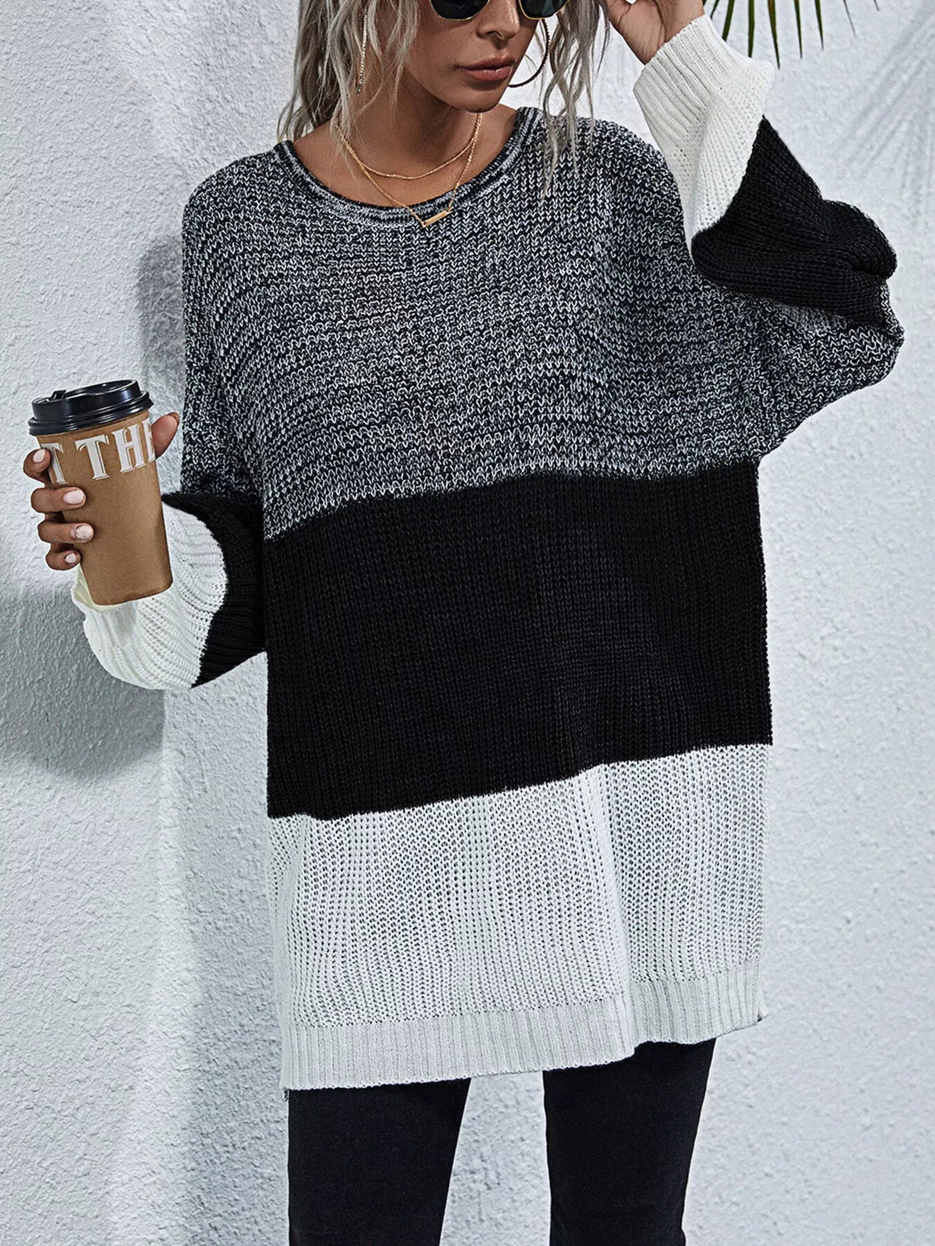 Women's Oversized Sweater Color Block Stripe Knit Round Neck Long Sleeve Gray Black 521312d5cc4341a9859aeaf14a237e21-Max-Origin Trendsi