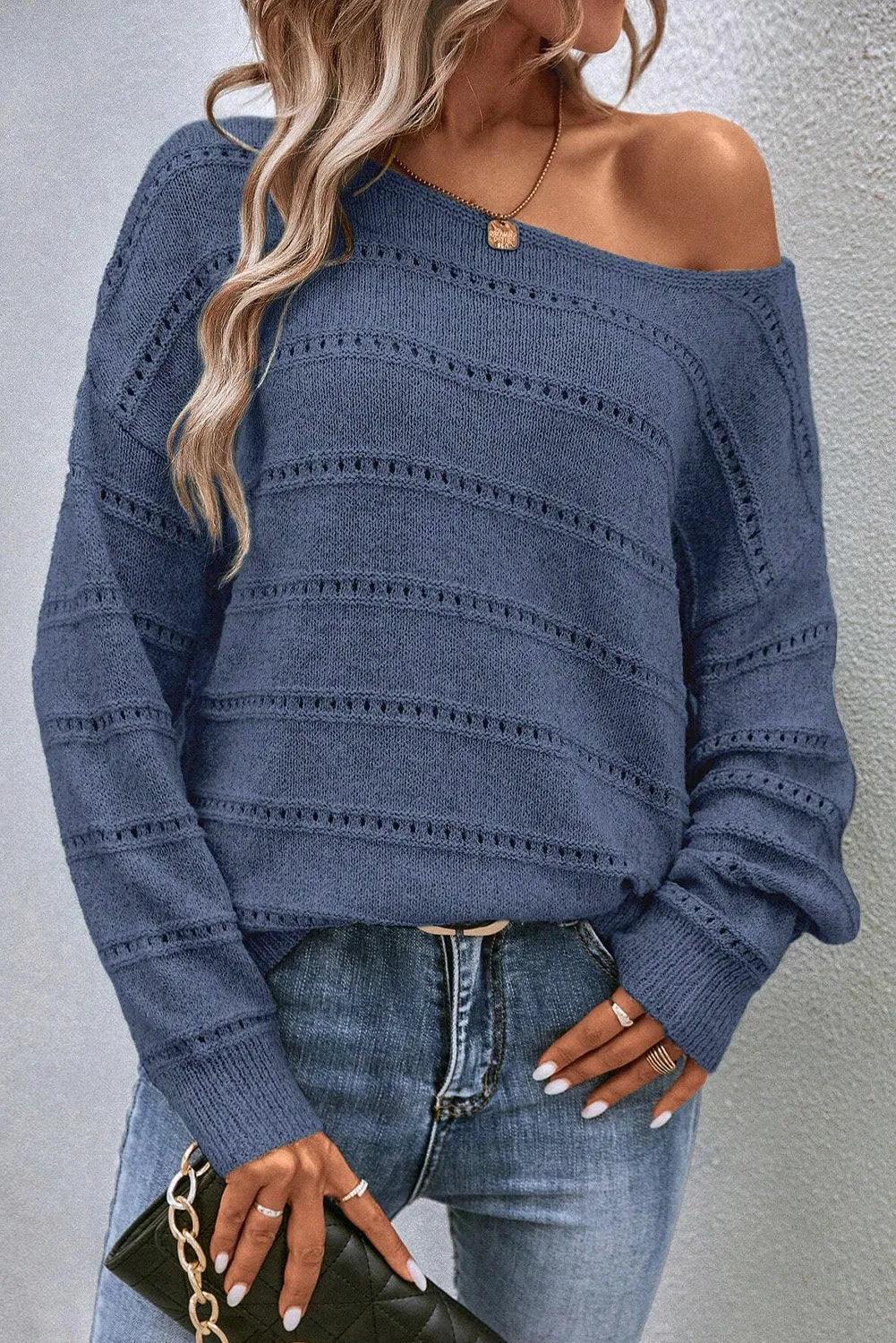 Sweater Boat Neck Dropped Shoulder Long Sleeve Knitwear French Blue 52140404-fd6f-4693-b3b1-d7343910d597-Max Trendsi