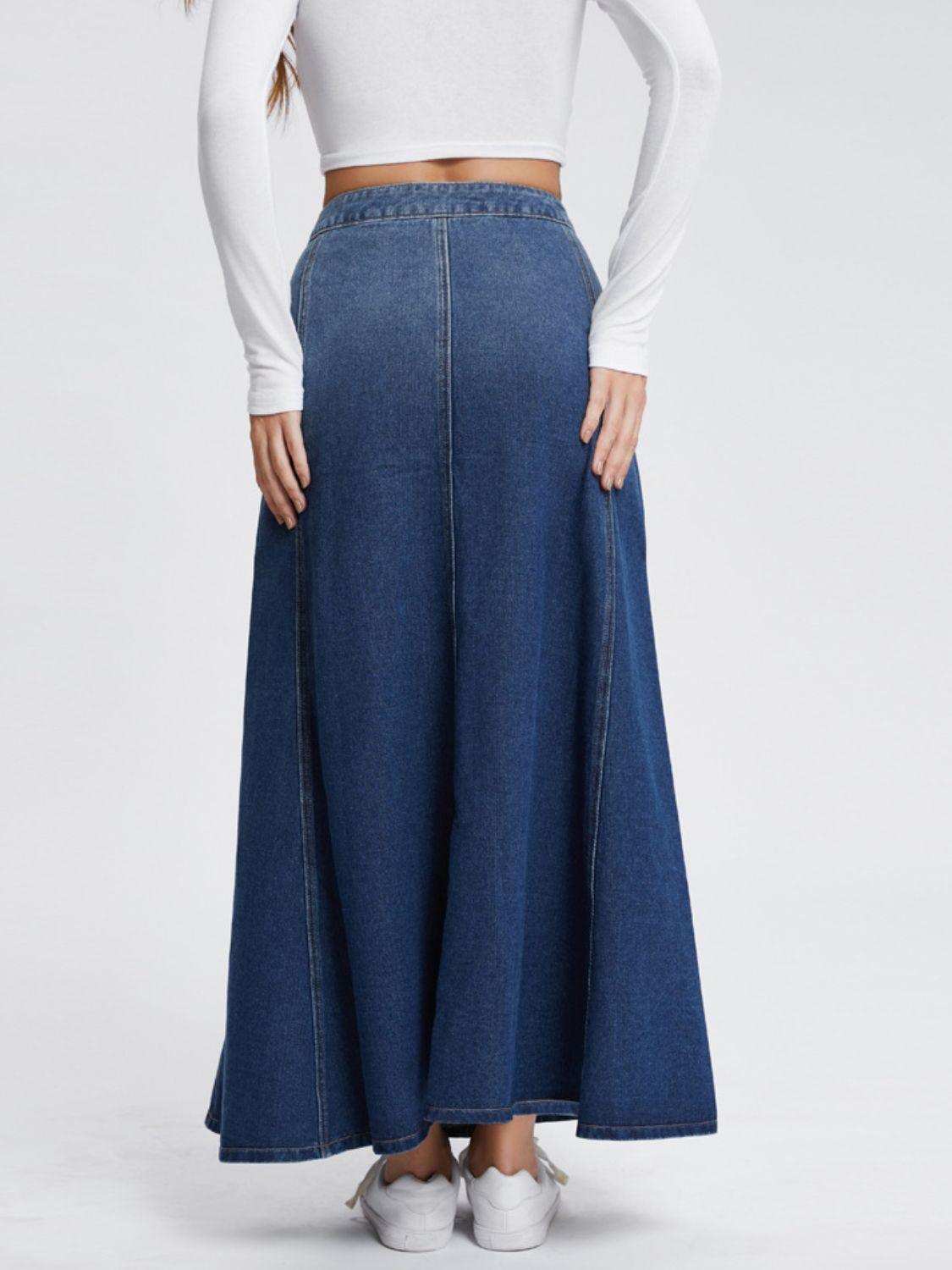 Midi Denim Skirt Button-Fly Hight Rise Flared A-Line