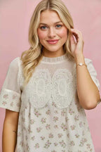 SO ME Blouse Floral Print Lace Trim Cotton Blush Pink Short Sleeve Top