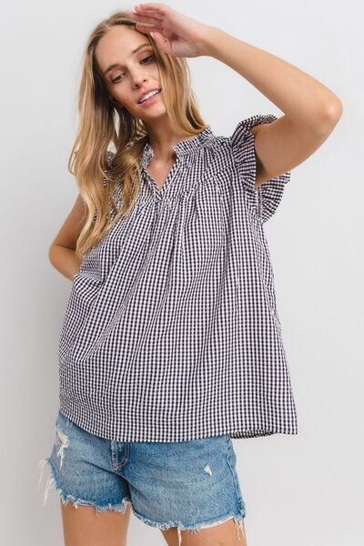 Ces Femme Plaid Blouse Notched Ruffled Cap Short Sleeve 522b1bf0-b1ce-453e-9f30-6ed4ec349c6a-Min Trendsi