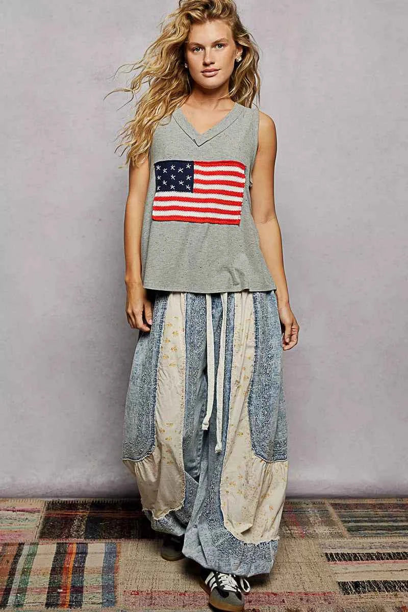 POL V-Neck Ribbed Tank with American Flag Patch and Star Back Patch