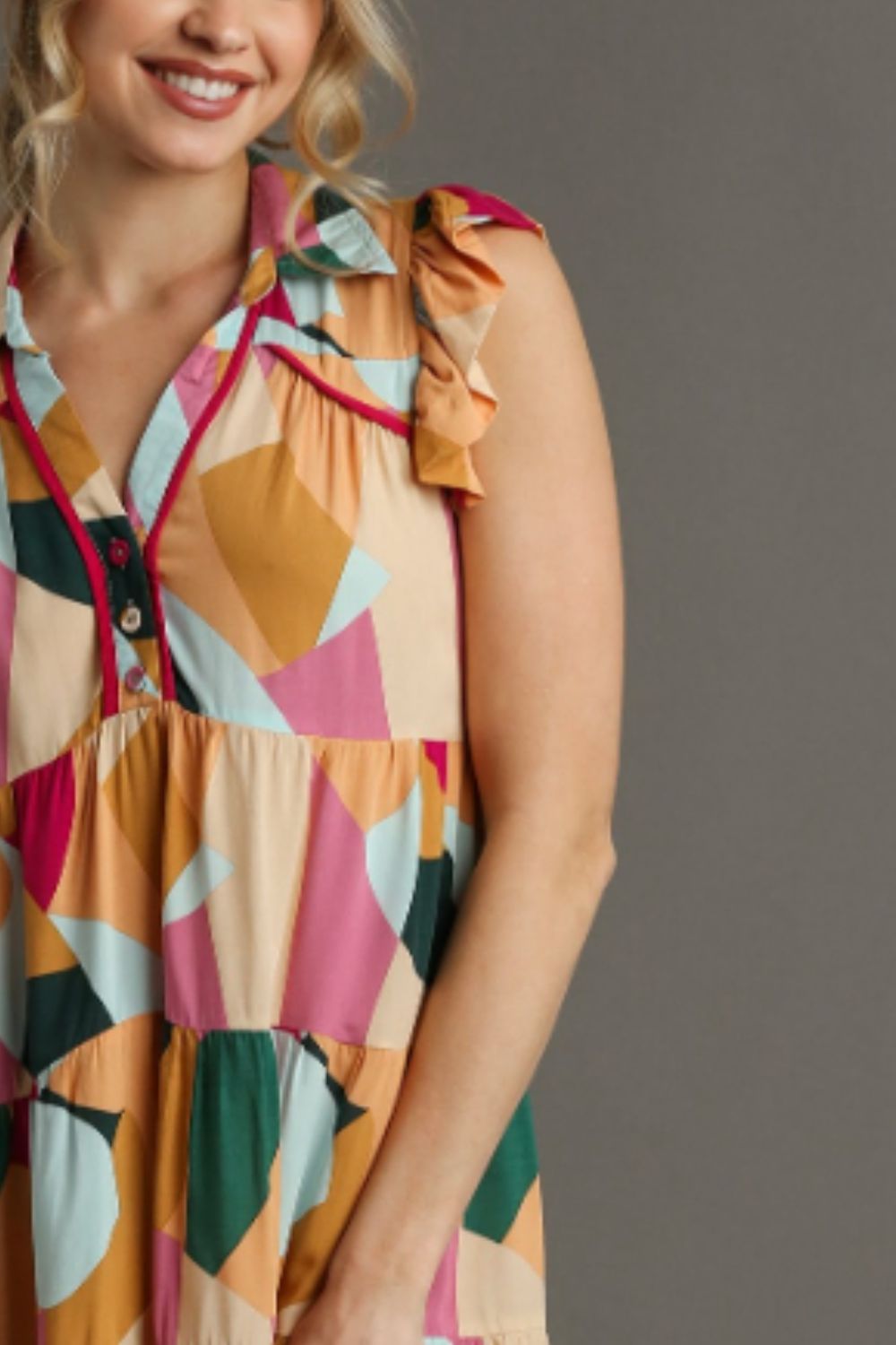 Umgee Mini Dress Peach Fuchsia Print Button Detail Ruffle Short Sleeve 52362632-3d90-4200-b61b-e27bcbcf3899-Max Trendsi