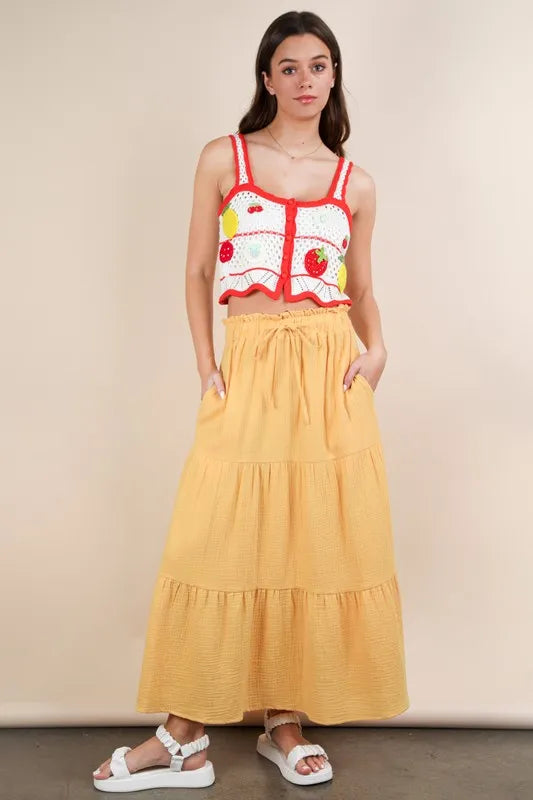 VERY J Maxi Skirt Yellow Ruffle Layered Elastic High Waist Tiered 524342a4d6054aa690770b00d6ad9807-Max-Origin Trendsi