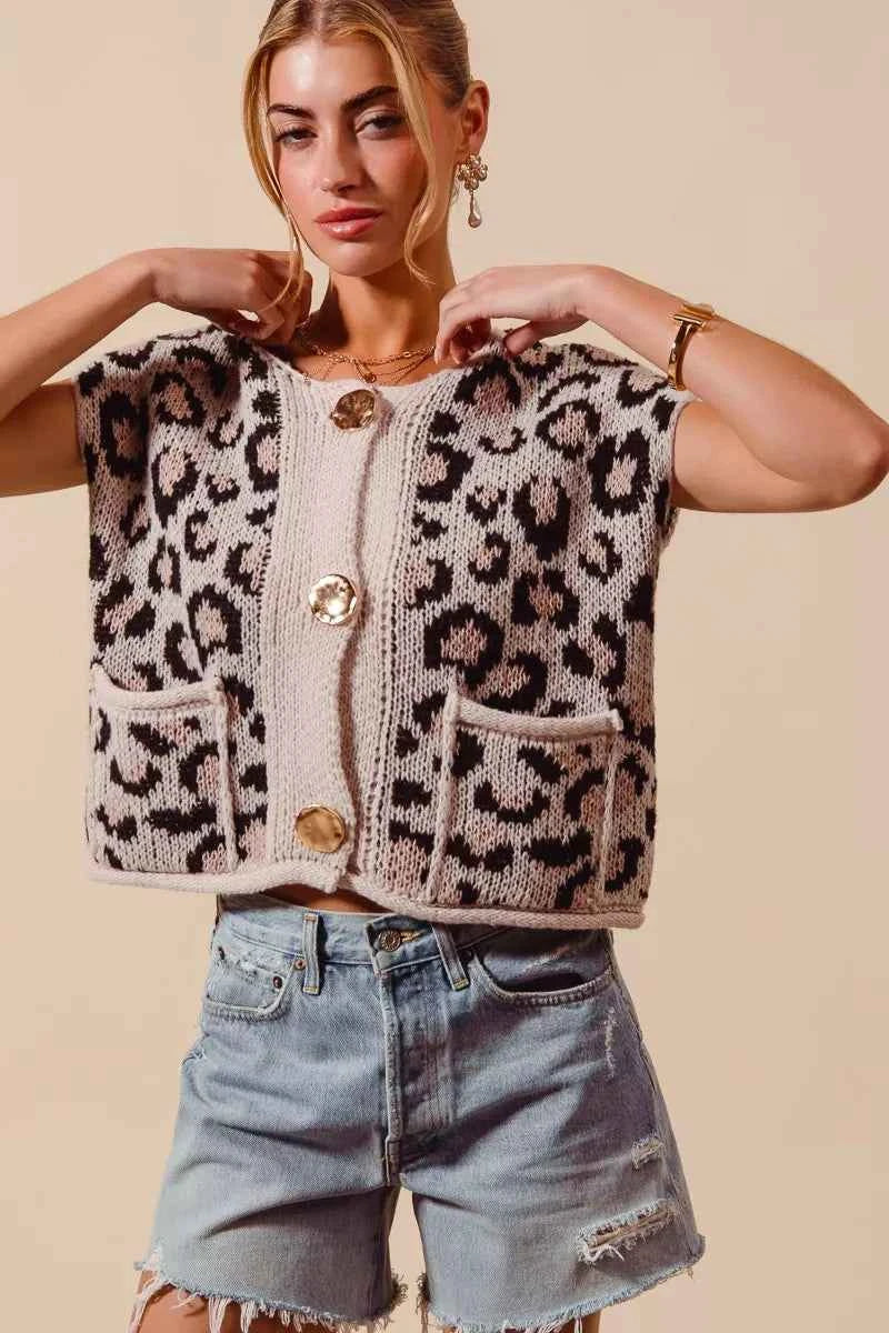 SO ME Big Metal Button Front Leopard Sweater Vest Top