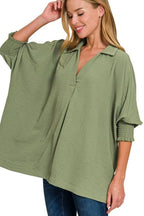 Zenana Collar Tee Olive Airflow with Smocked Sleeve Band Top LT OLIVE 524c2c28-6ea7-400e-a4c1-db324771f225-Max-Origin Trendsi