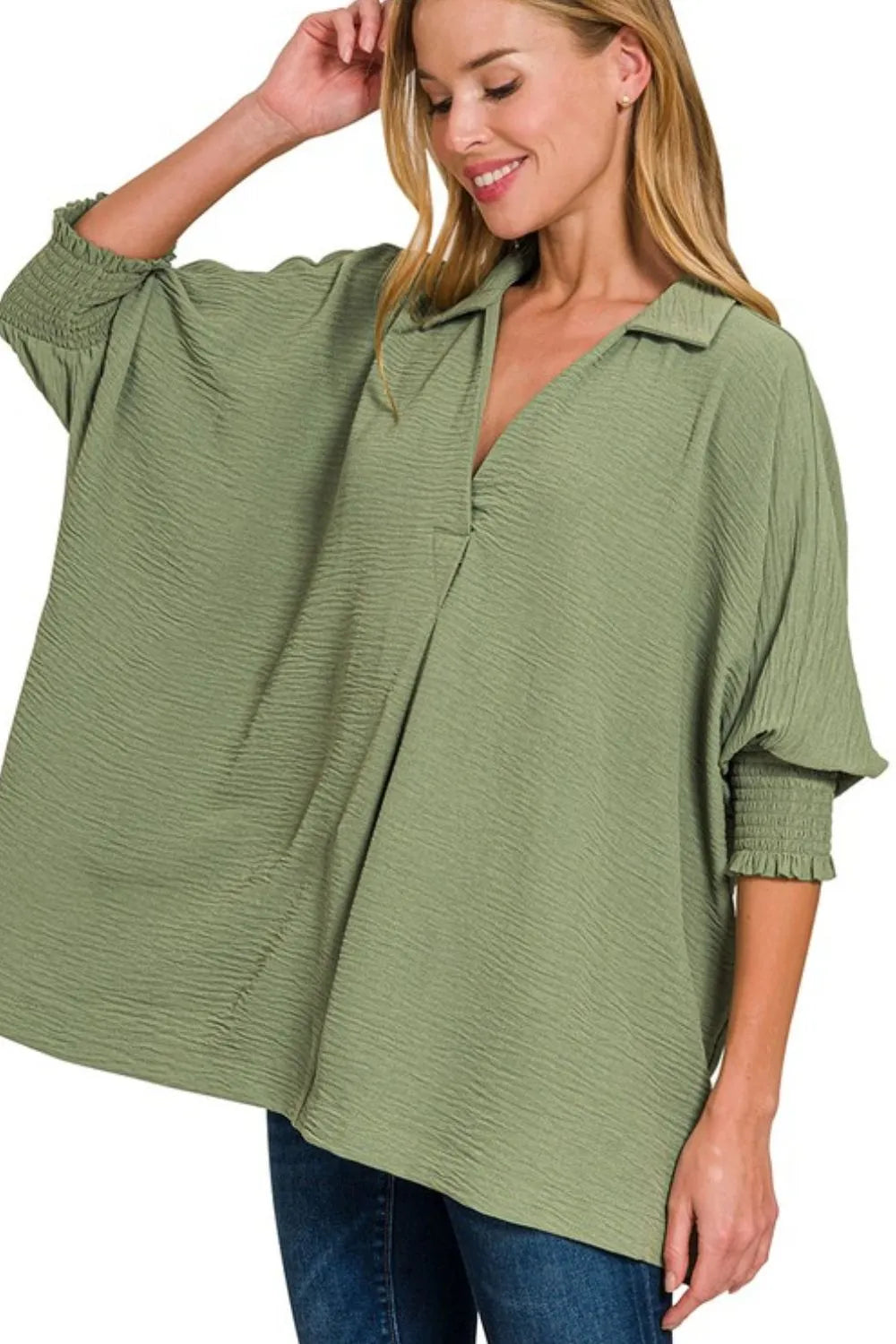 Zenana Collar Tee Olive Airflow with Smocked Sleeve Band Top LT OLIVE 524c2c28-6ea7-400e-a4c1-db324771f225-Max-Origin Trendsi