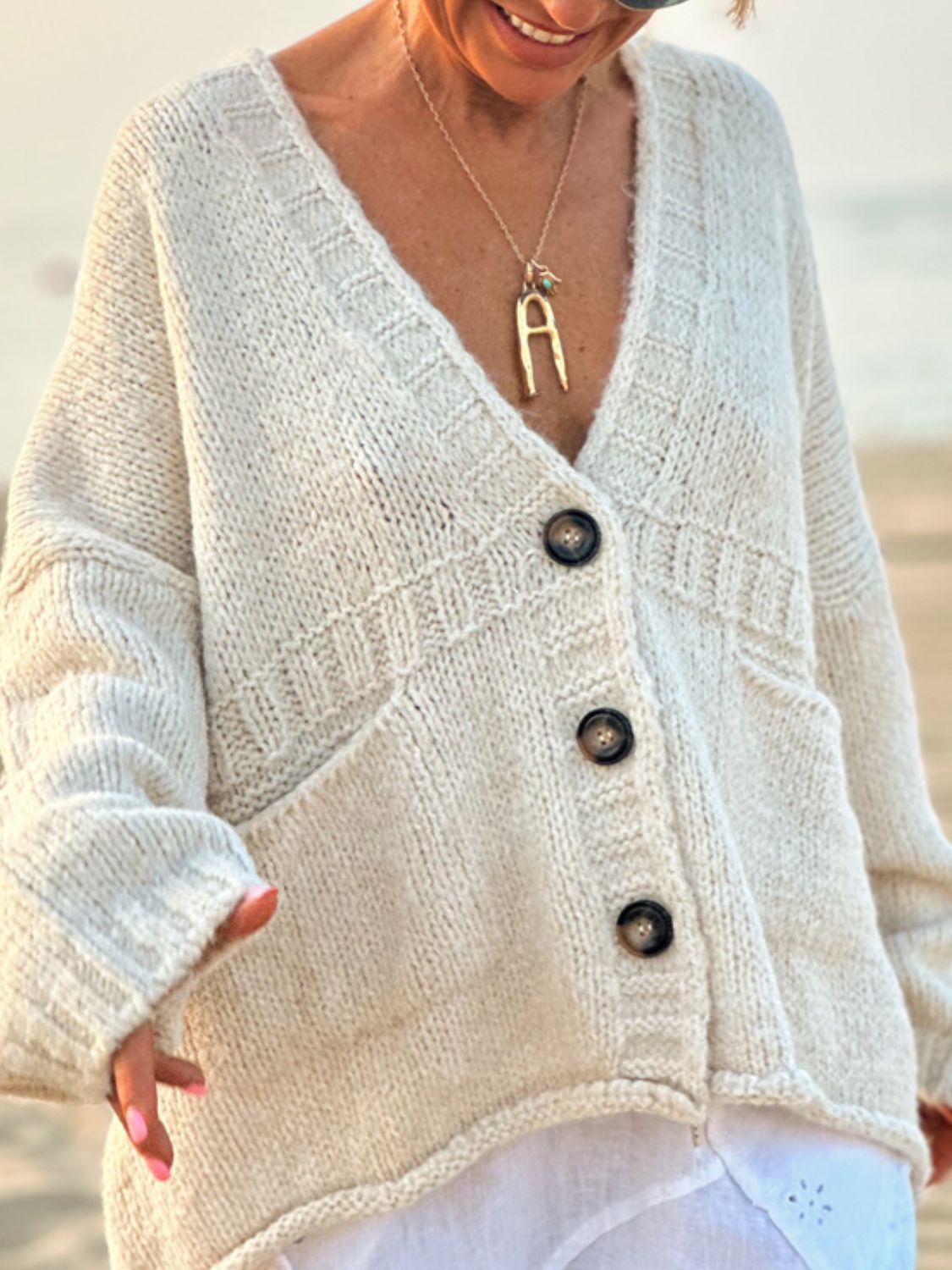 Women Cardigan Soft Acrylic Pocketed V-Neck Loose Button Up Long Sleeve