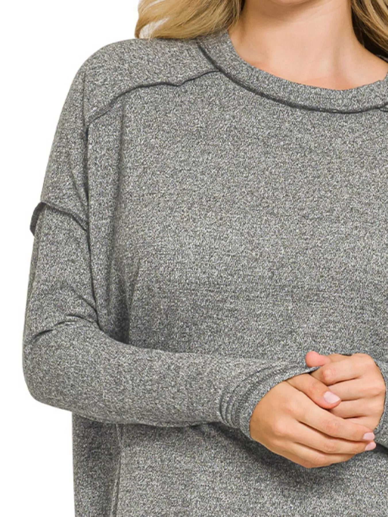 Zenana Women's Top Black Melange Hacci Exposed Seam Hi-low Tee Plus Sizes 525495f6-7461-4d12-b880-9620bcd7668a-Max-Origin Trendsi