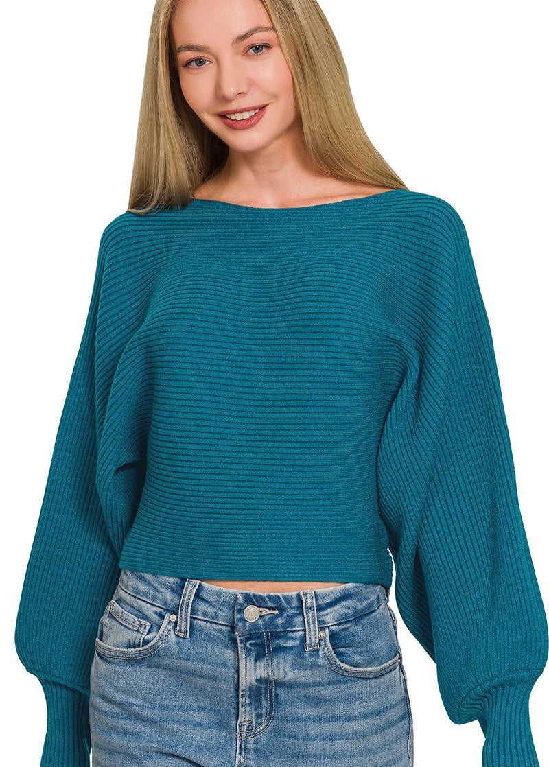 Zenana Boat Neck Balloon Sleeve Sweater