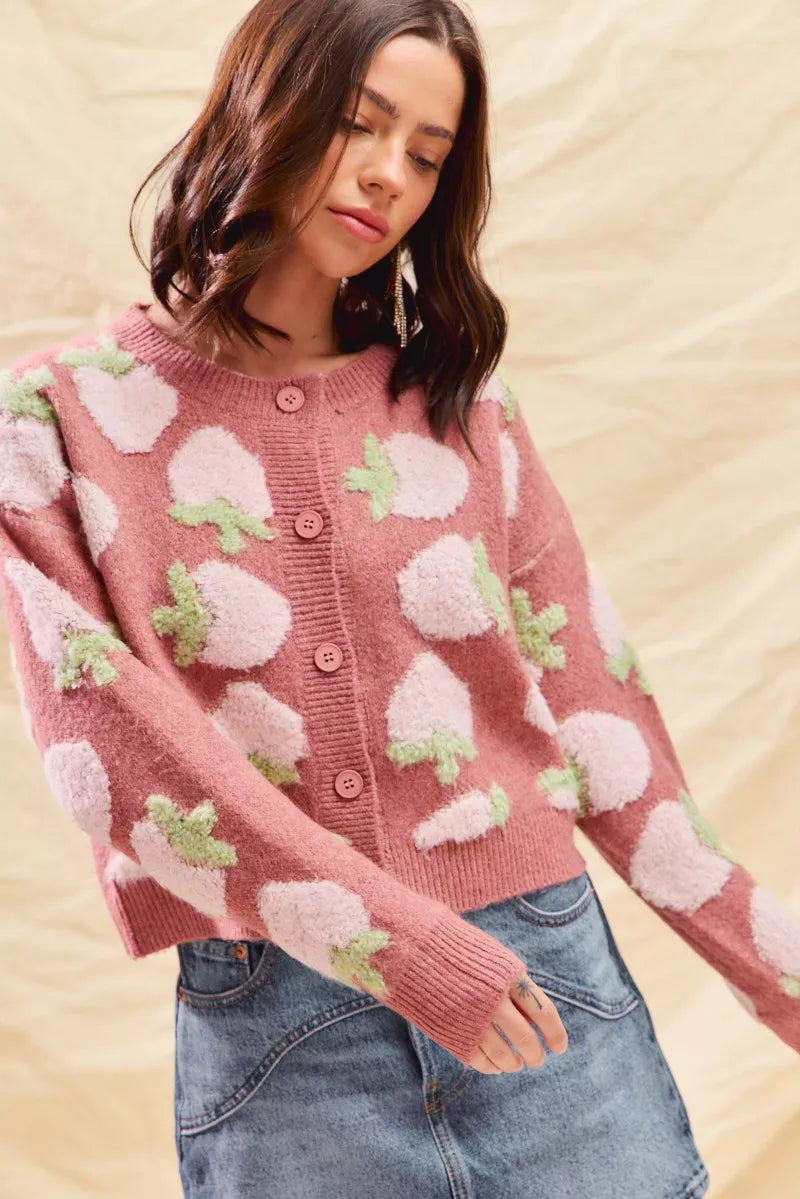 SO ME Womens Cardigan Strawberry Fruit All Over Button Sweater 525b7569266442979c854f372ee053d0-Max-Origin Trendsi