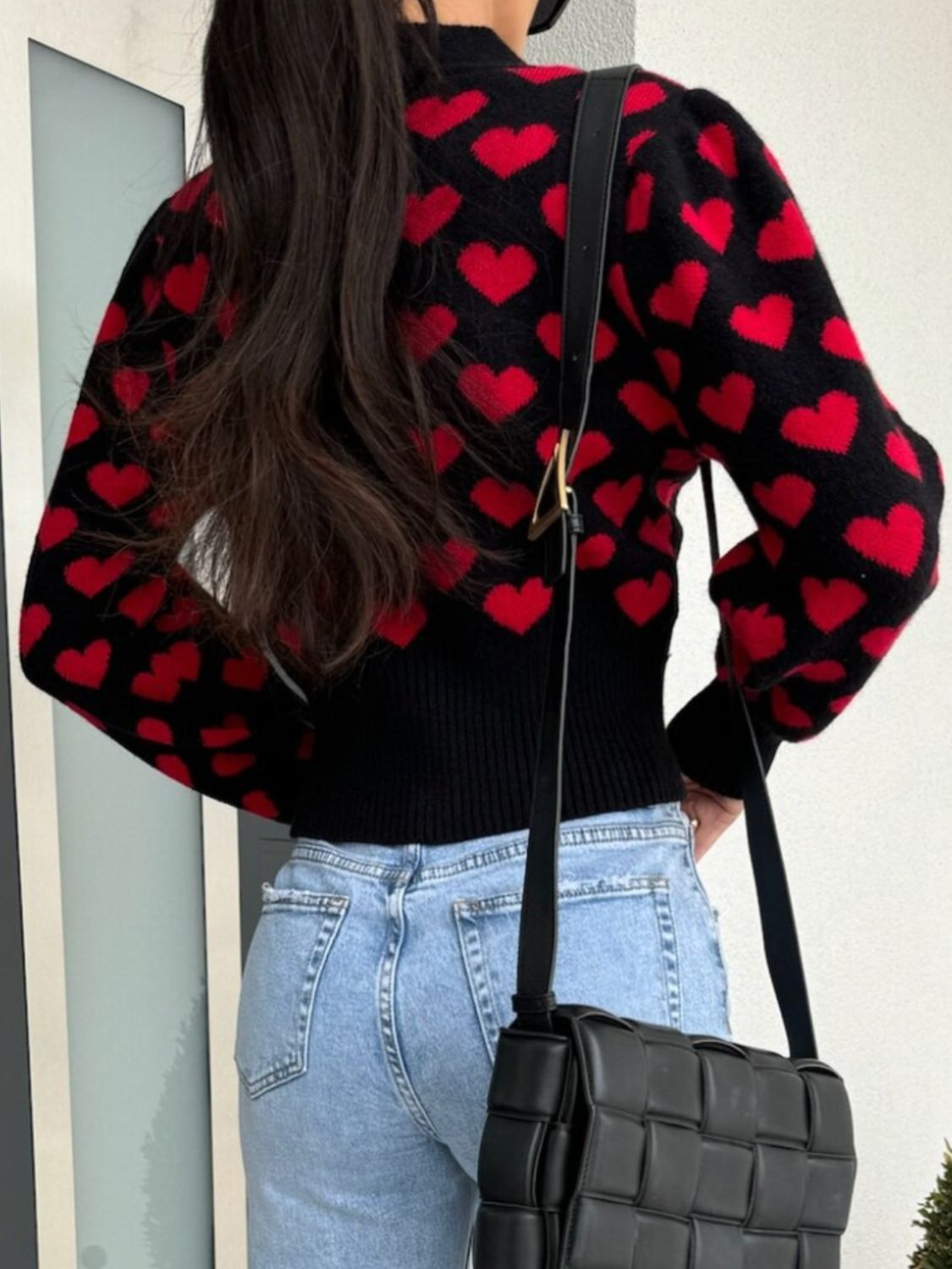 Valentine’s Day Heart Cardigan V-Neck Cropped Black Knit Long Sleeve