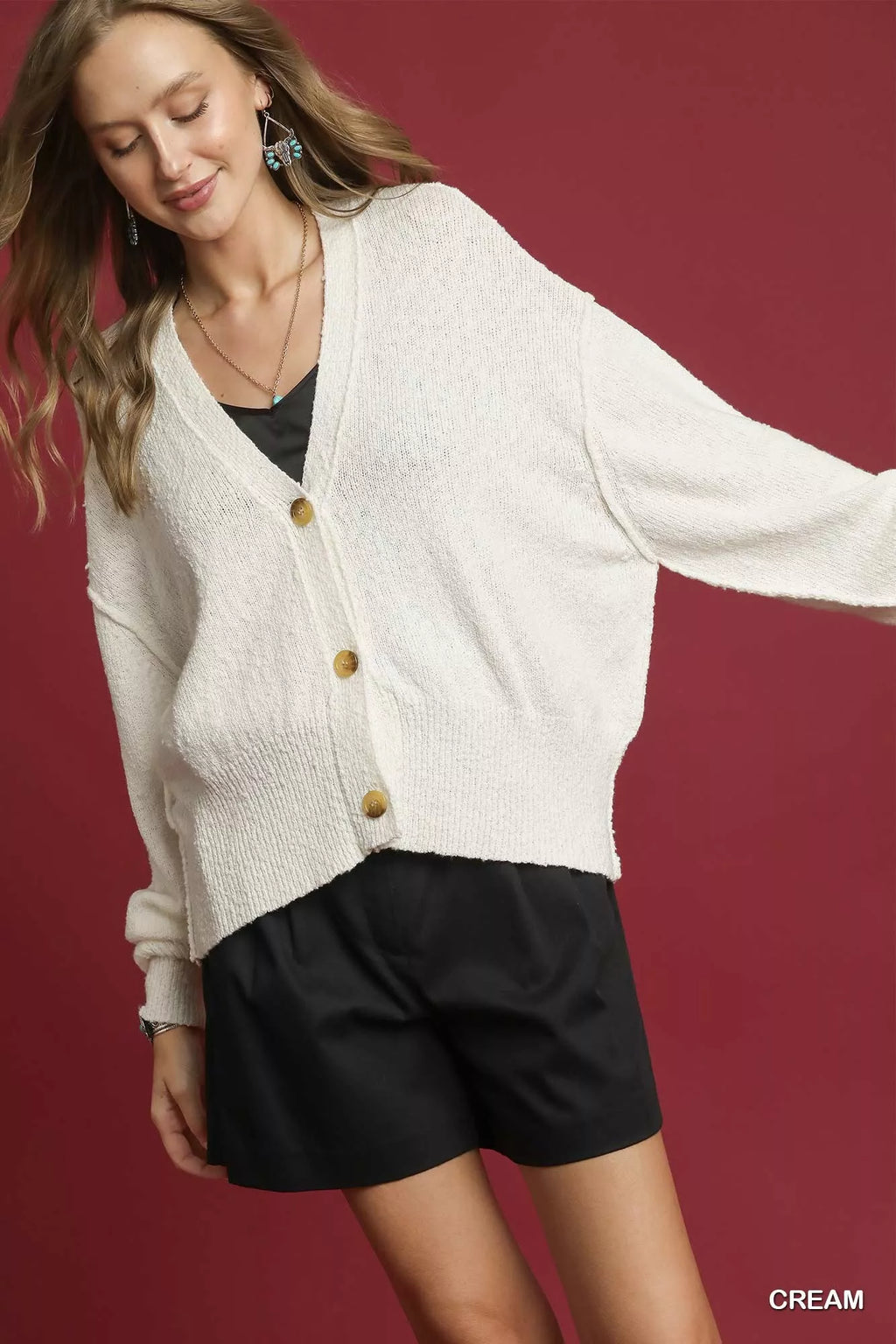 Umgee Cardigan Cream Womens Button-Front V-Neck Knit Oversized 5262fbe8-ec6e-4270-9205-225067cce0e6-Max-Origin Trendsi