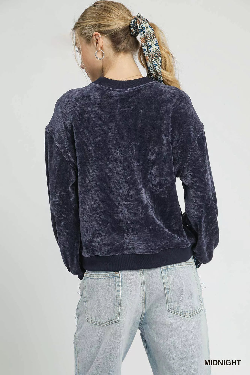 Umgee Sweatshirt Velour Midnight Blue Crewneck Balloon Long Sleeve Top 5266f002-1a43-448c-a09f-188792ff0593-Max-Origin Trendsi