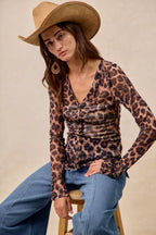 BiBi Women's Shirt Leopard Printed Mesh With Button Up V Neck Long Sleeve LEOPARD 526989201952424bb7132d8060015ccb-Max-Origin Trendsi