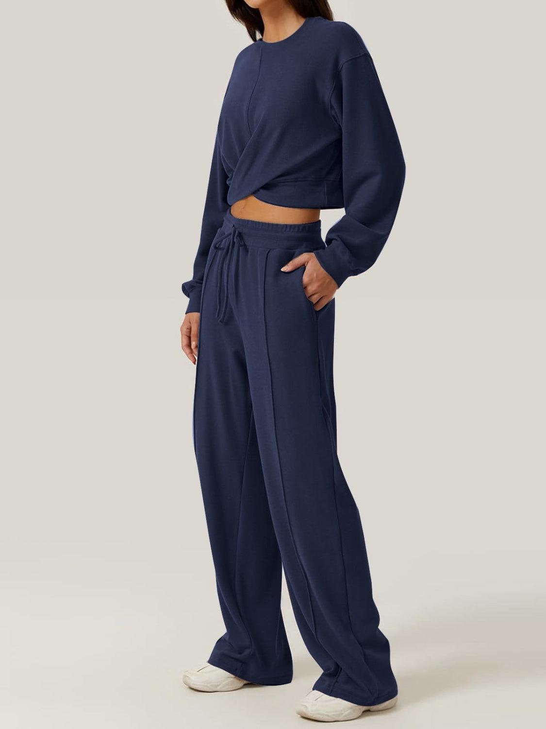 Outfit Set Crisscross Twist Round Neck Top and Drawstring Pants Set Navy 526d3be7-d975-4d1c-9dd1-c8991825f7b6-Max Trendsi