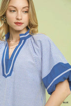 Umgee Blouse Blue Striped Mixed Puff Short Sleeve Top 5271548c-55b7-4128-8802-94061227b449-Max-Origin Trendsi