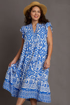 Umgee Midi Dress Floral Blue Two Tone Border Print Ruffle Cap Short Sleeve 5278072f-7316-47df-8612-70424c22de6d-Max Trendsi