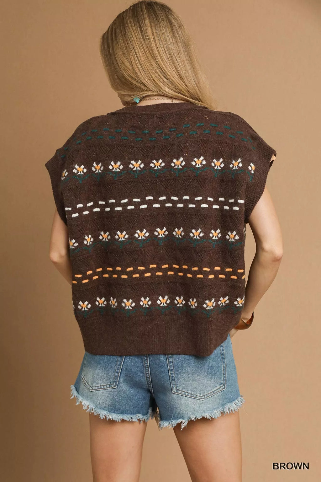 Umgee Womens Sweater Vest Brown Knit with Floral Pattern 5278238e-896a-44ed-a122-9f87950c7dcc-Max-Origin Trendsi