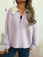 Women's Cardigan Zip-Up Contrast Collar Soft Acrylic Knit Sweater 528d1c47473242e5bd150ae74e022dba-Max-Origin Trendsi