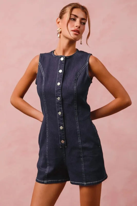 SO ME Denim Romper Button Up Front Dark Washed Sleeveless Jumpsuit 52989cd269cd409e8bbe1e5cbb2f4774-Max-Origin Trendsi