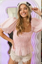 BiBi Peplum Top Puff Short Sleeve Square Neck Smocked Light Pink Blouse 529a491152cc47d49934222d912c5d6d-Max-Origin Trendsi