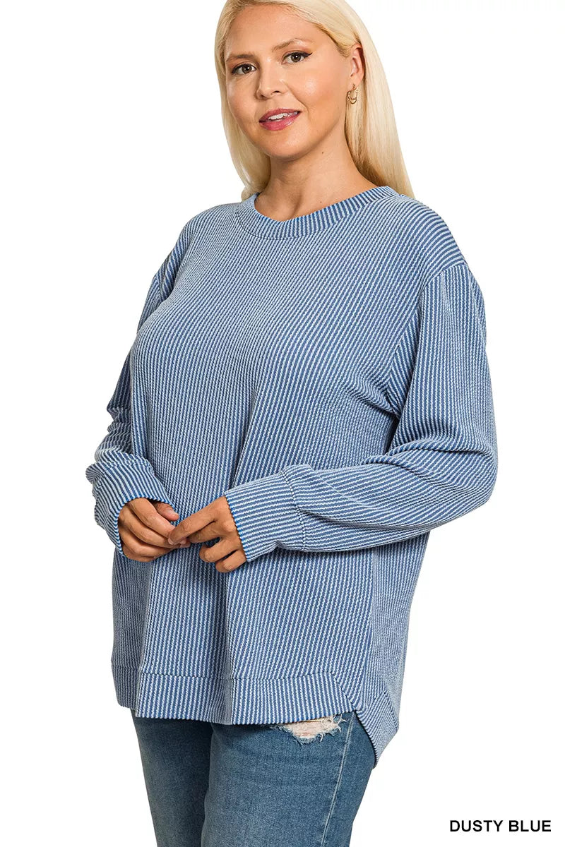 Zenana Knit Top Dusty Blue Raised Rib Round Neck Long Sleeve Plus Sizes 529d82e4-b2fe-4348-a8b2-26e4596ada49-Max-Origin Trendsi