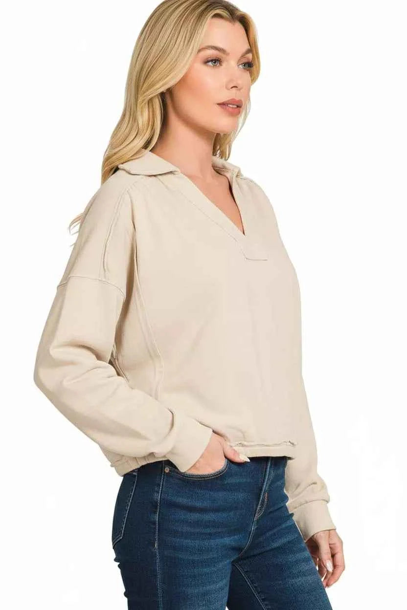 Zenana Women Sweatshirt Beige French Terry Collared Exposed Seam Top 529d9ea1-a7c1-4ac9-bcd7-d92f77d8400d-Max-Origin Trendsi