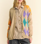 Davi & Dani Argyle Cardigan V-Neck Single Breasted Long Sleeve Sweater Tan 52a97552-da09-4a36-94e7-8154c830ad90-Max Trendsi