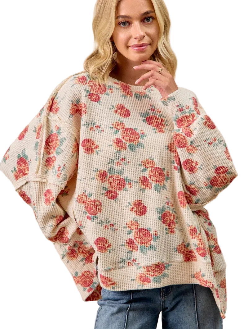 BiBi Floral Print Oversized Waffle Thermal Sweatshirt