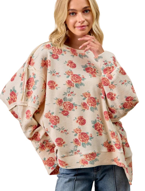 BiBi Floral Print Oversized Waffle Thermal Sweatshirt