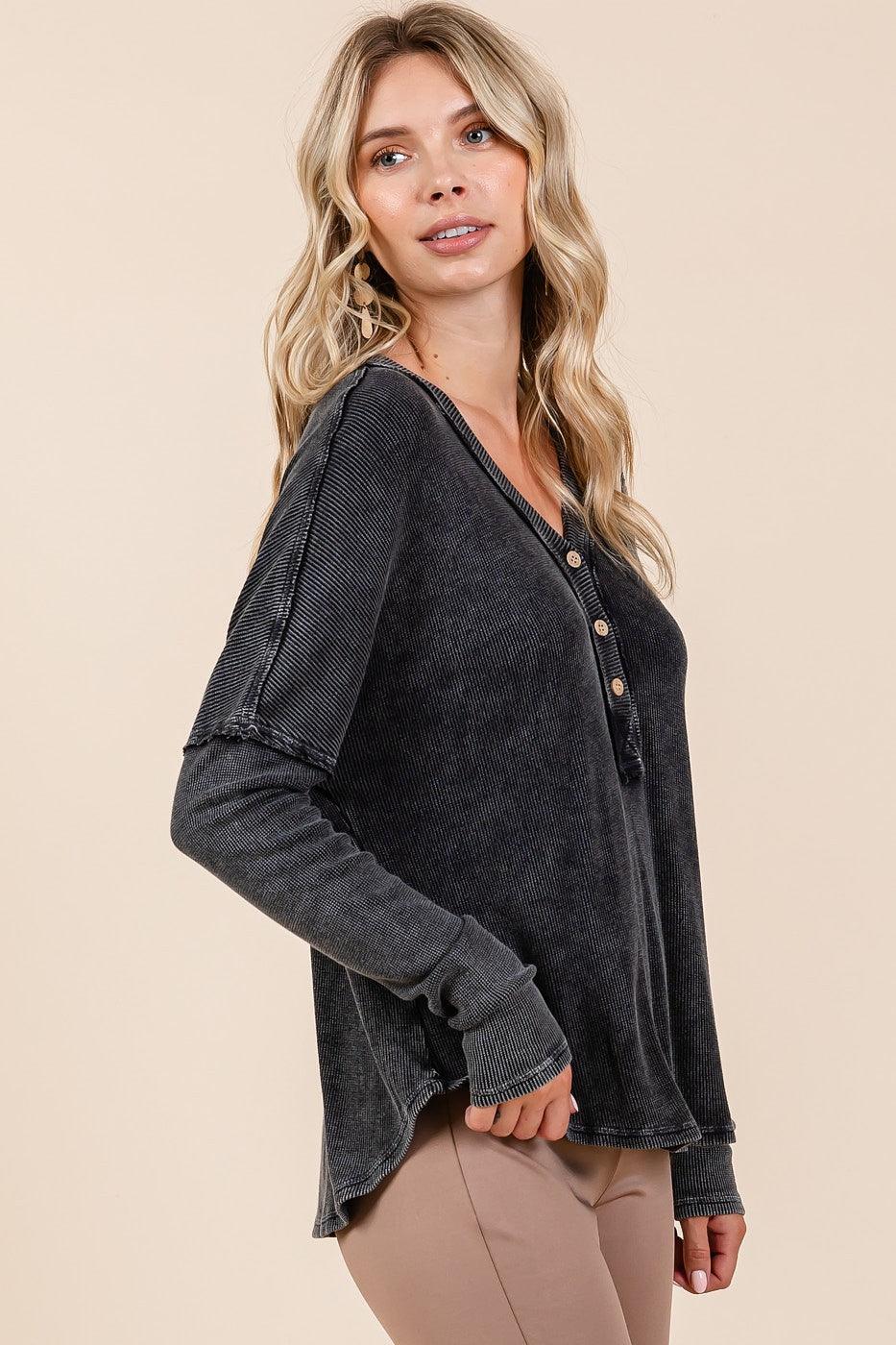 Mittoshop Blouse 100% Cotton Black Washed V-Neck Long Sleeve 52ae4b08-4153-46ba-94f5-b550c6bcff57-Max Trendsi
