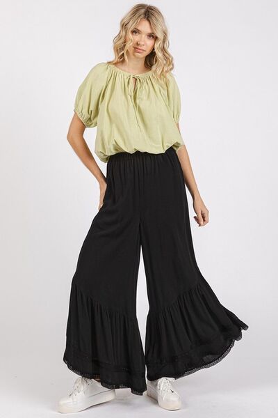 Mittoshop Black Wide Leg Pants Lace Ruffle Asymmetric Hem