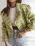 Plaid Cropped Women's Jacket Lapel Collar Single Breasted Long Sleeve Outwear Lime 52baec29-1711-48d1-b2f3-a002cd3df9f1-Min Trendsi