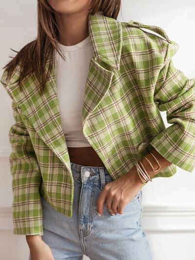 Plaid Cropped Women's Jacket Lapel Collar Single Breasted Long Sleeve Outwear Lime 52baec29-1711-48d1-b2f3-a002cd3df9f1-Min Trendsi