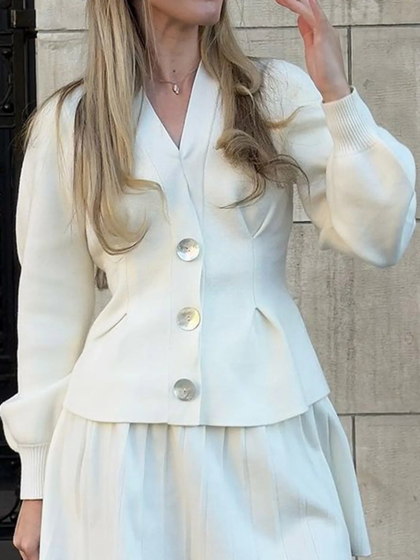 Women's Cardigan Knit Ruffled V-Neck Button-Up Long Sleeve 52d27bc440b44b89aba95387844ea90b-Max-Origin Trendsi