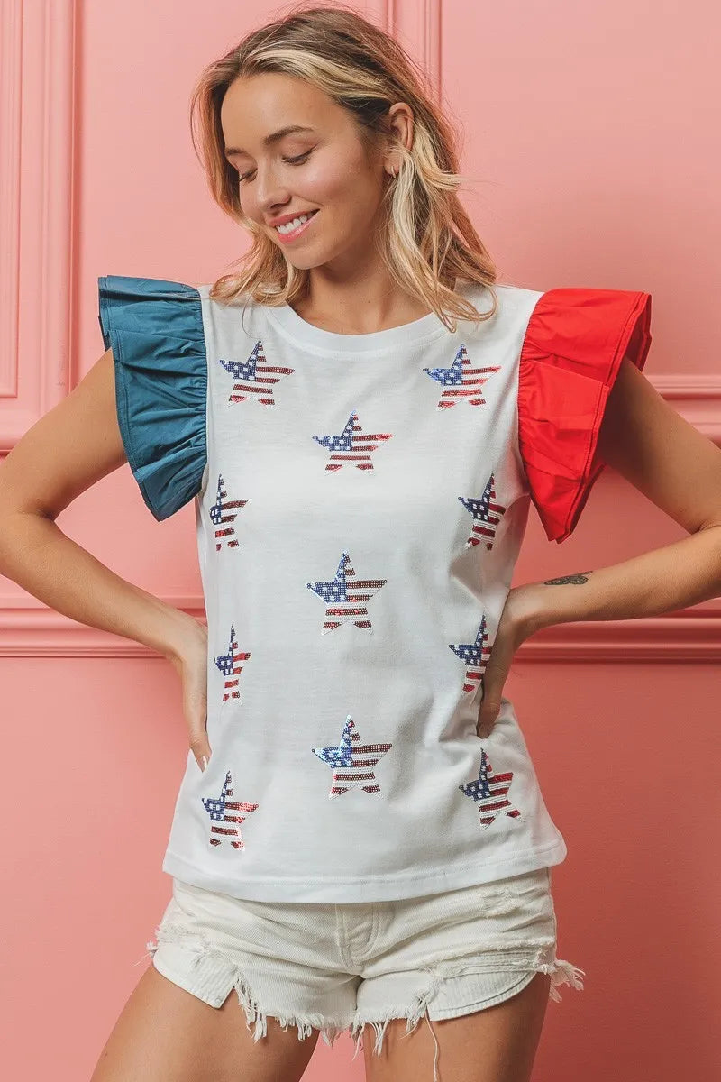 BiBi American Flag T-shirt Women's Sequin Stars Cotton Top 52d84820608b4b008c5adc8853f33bc6-Max-Origin Trendsi
