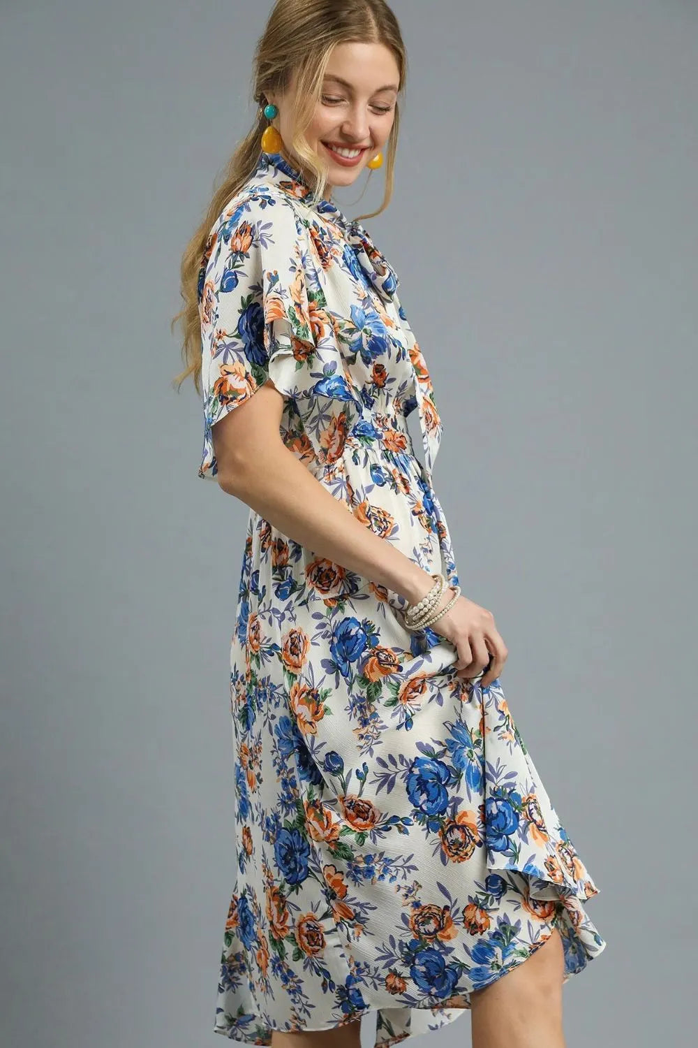 Umgee Floral Dress Royal Blue Flutter Sleeve Bow Tied Collar Knee Length 52da090b-5a89-4e6b-823f-91903a826d82-Max-Origin Trendsi